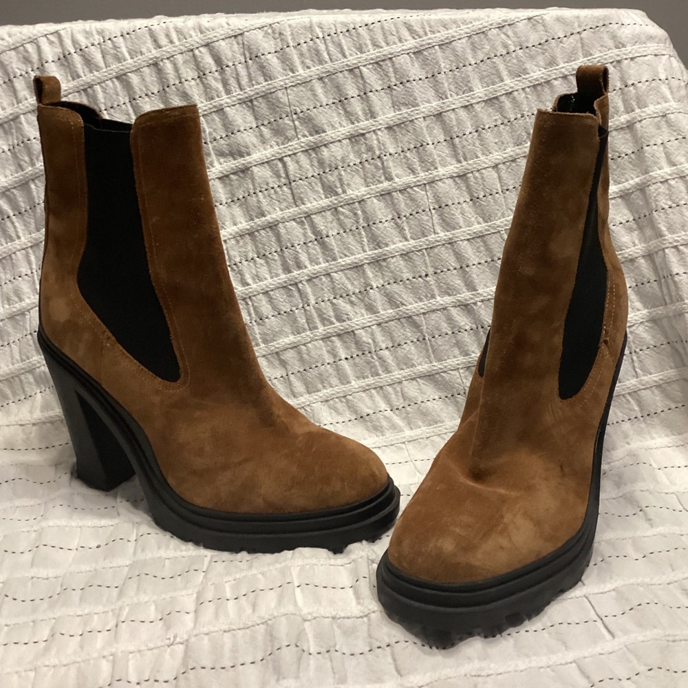 Marc Fisher LTD Brown Suede High Heel Lug Sole Chelsea Boots Block Heel Tan